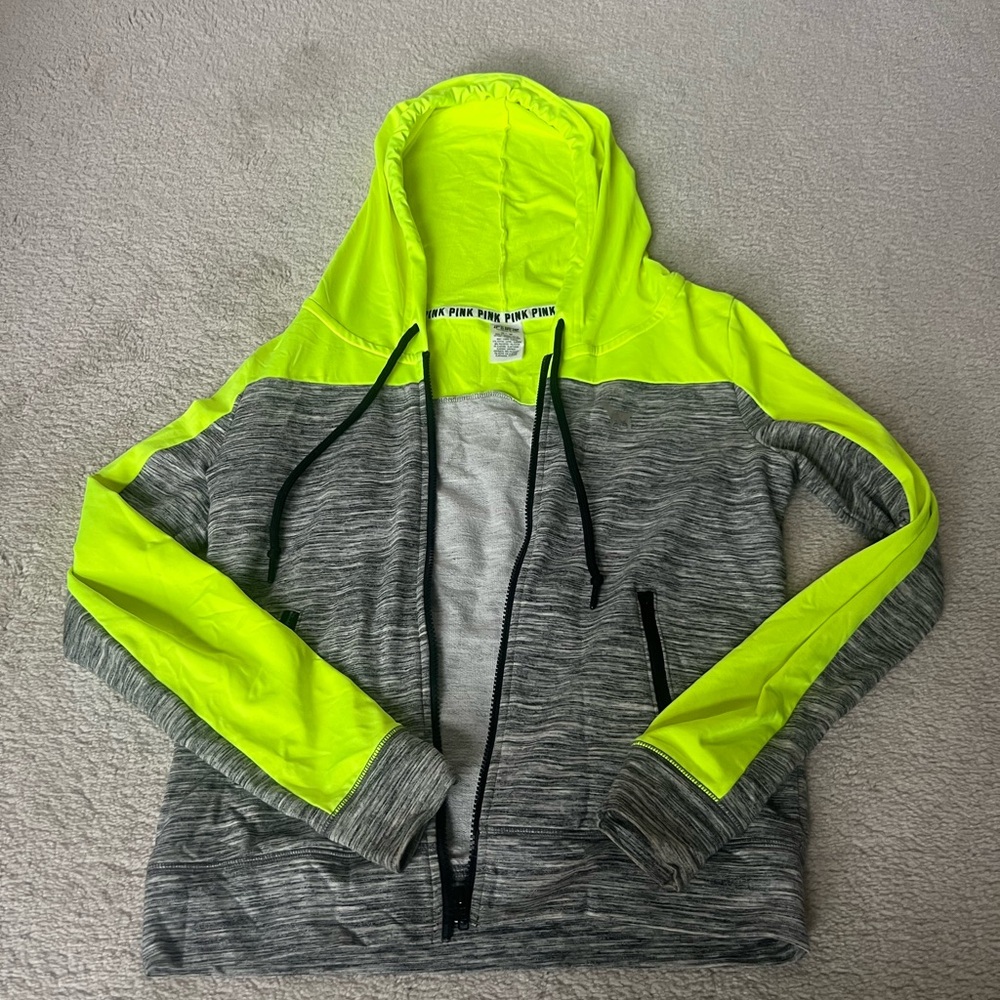 PINK Victoria's Secret Neon Yellow and Gray Hoodie